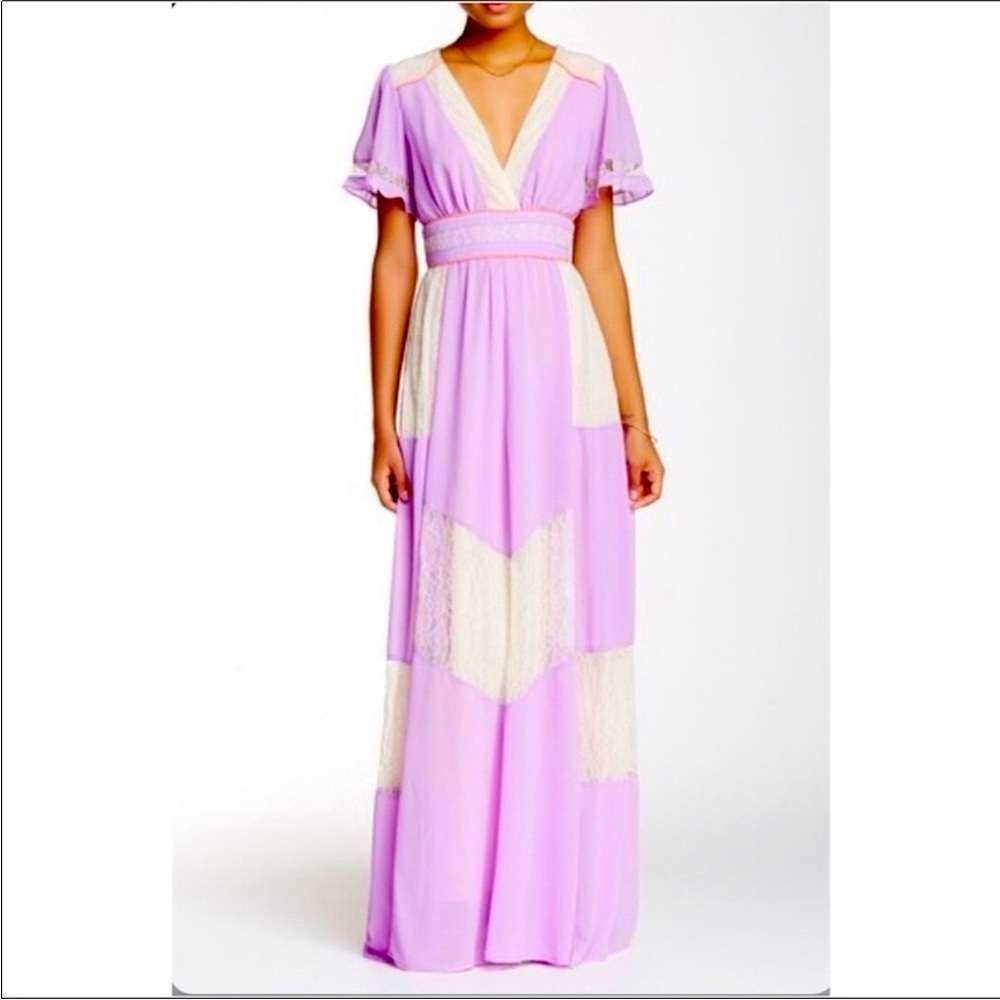 Champagne & Strawberry Lilacs & Lace Maxi Dress